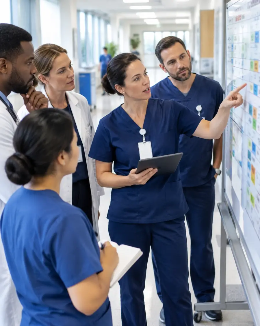Nurse leader discussing patient flow with an interdisciplinary team
